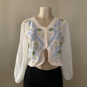Mexican Crochet Floral Cardigan Women Size S  Green Balloon Sleeve Boho NWOT